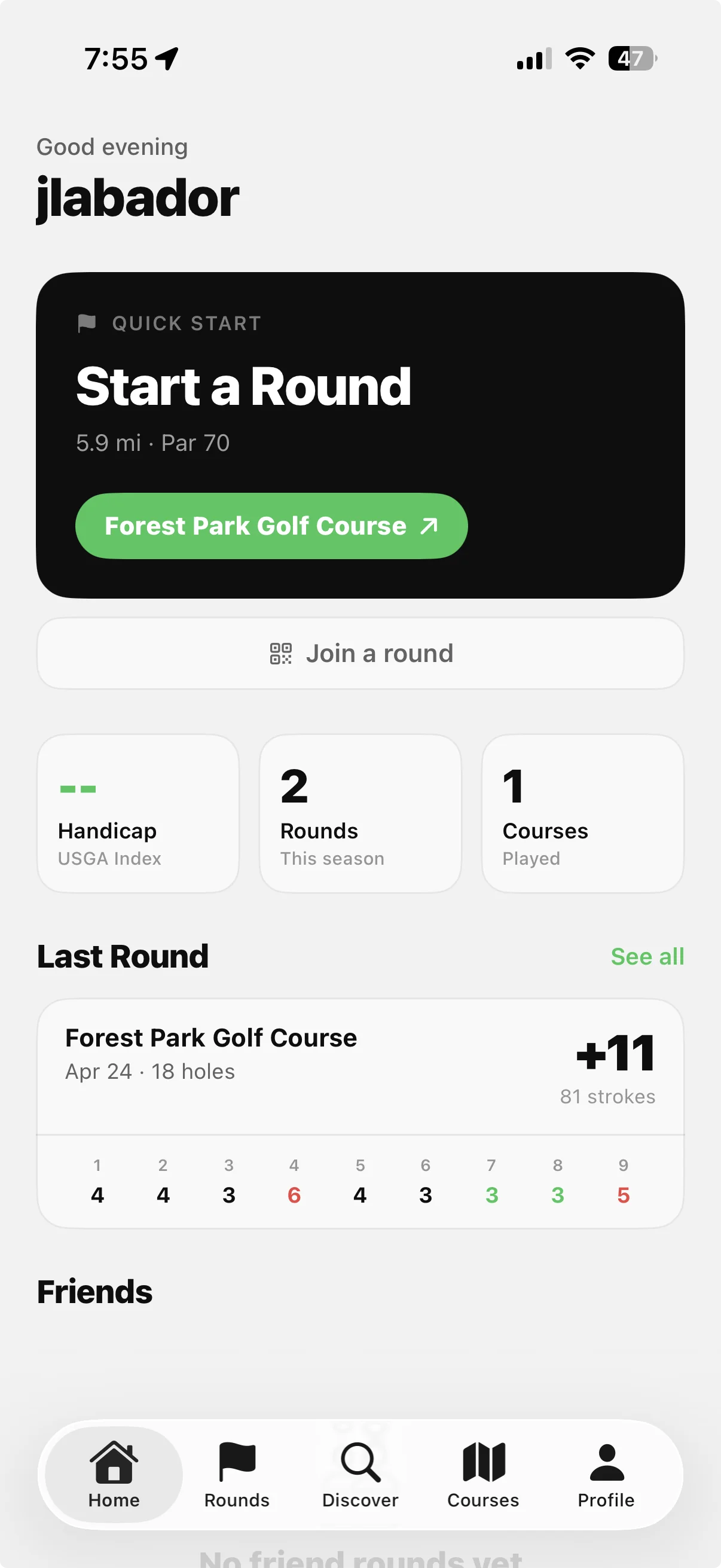 Loft home screen with Quick Start, handicap and rounds stats, and a recent round summary at Forest Park Golf Course