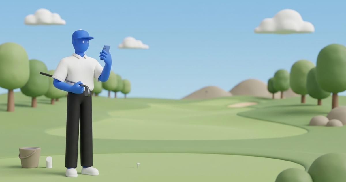 A blue clay golfer stands with an iron under one arm, checking his phone on a sunny golf course.